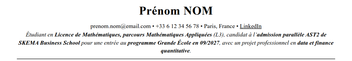 CV admission parallèle skema : en-tête et accroche