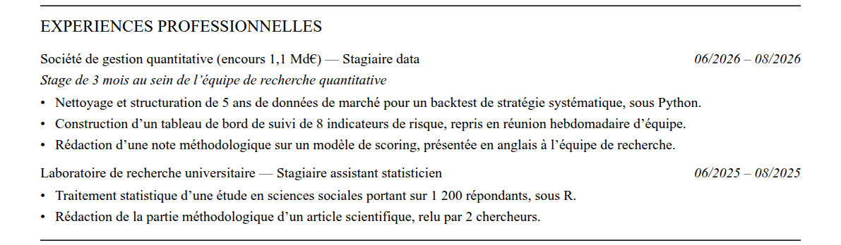 CV admission parallèle skema : expériences