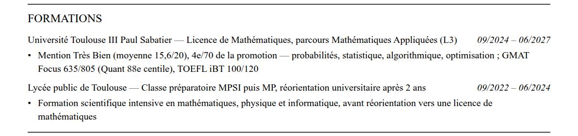 CV admission parallèle skema : formation