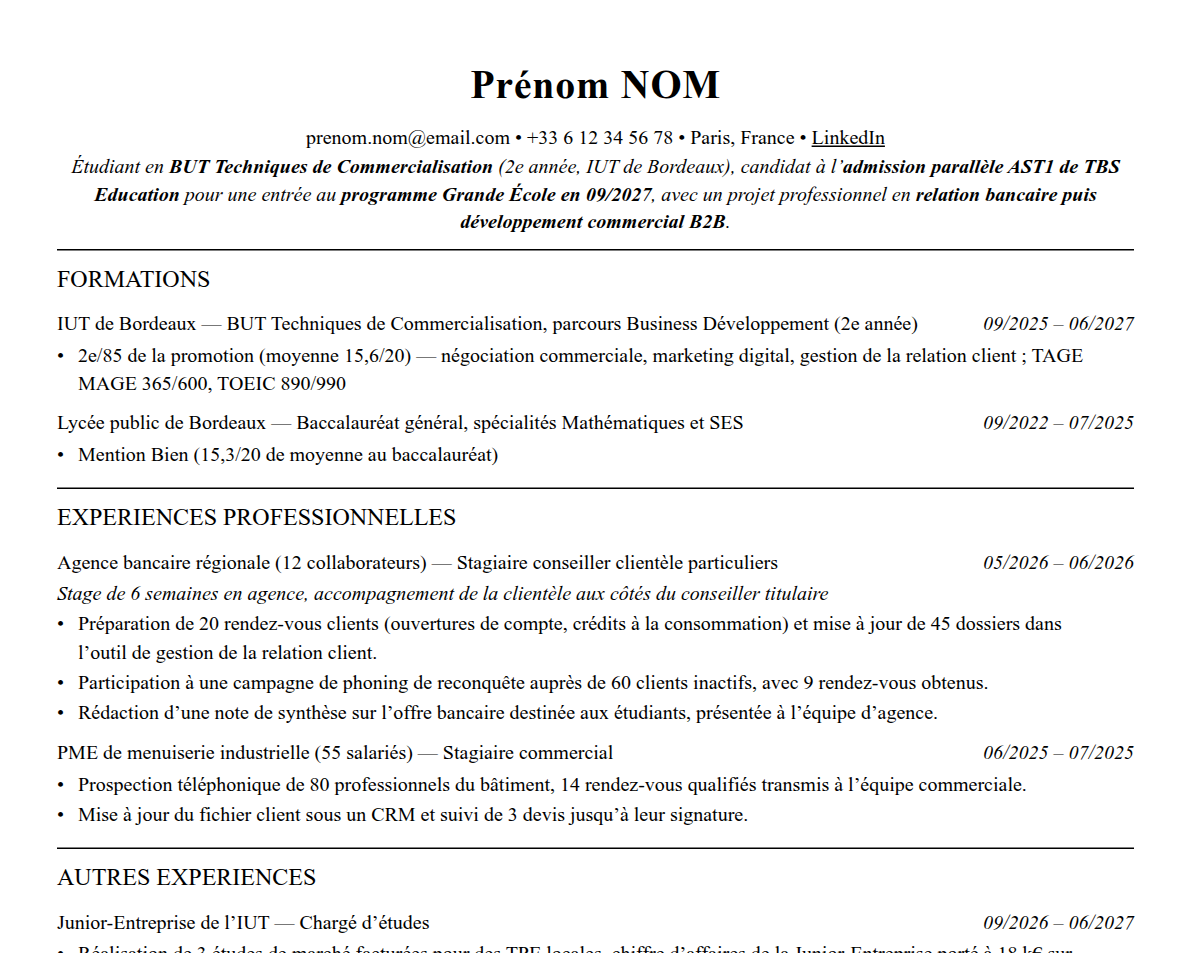 Aperçu : Exemple de CV Admission parallèle TBS Education