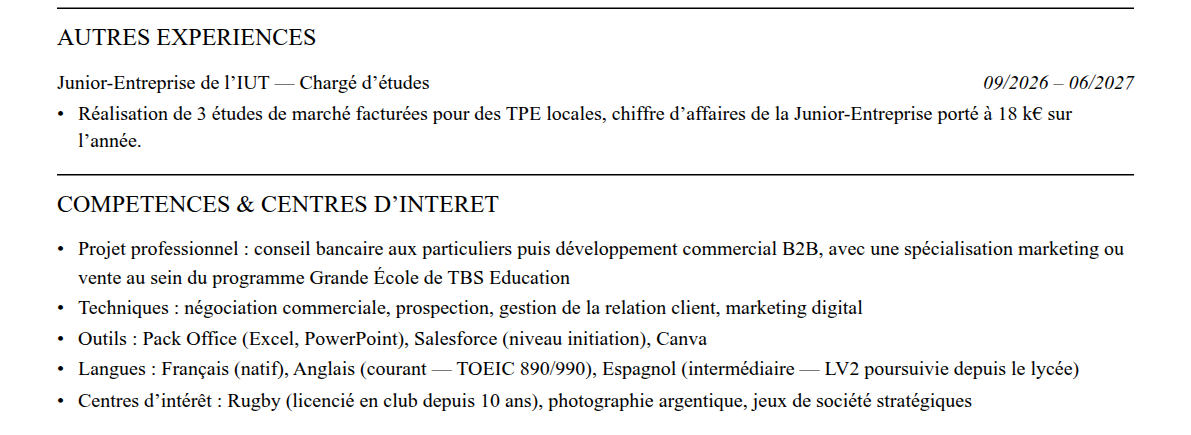 CV admission parallèle tbs education : compétences et centres d’intérêt