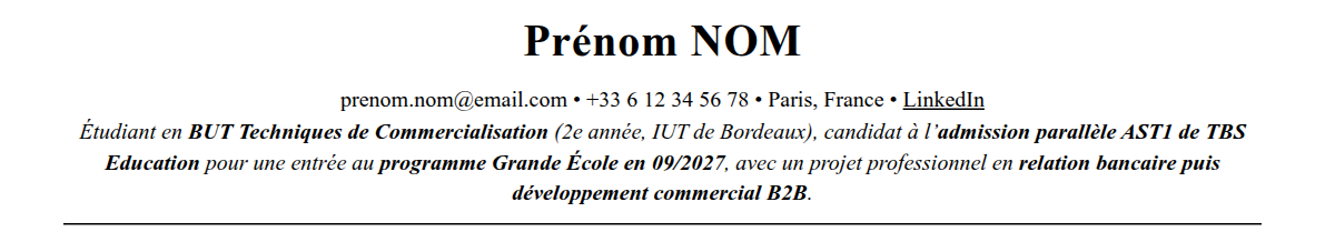 CV admission parallèle tbs education : en-tête et accroche