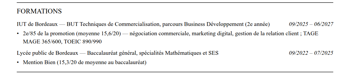 CV admission parallèle tbs education : formation