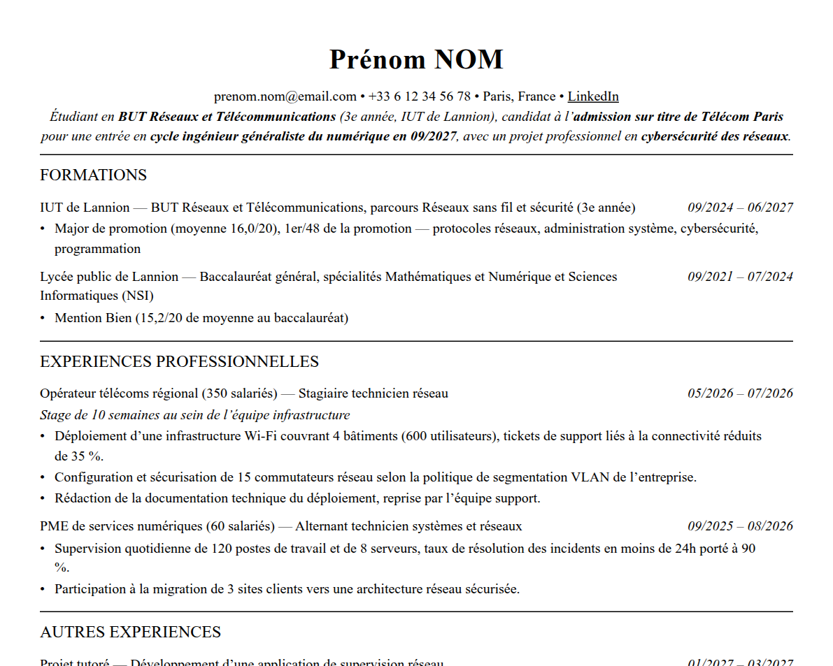 Aperçu : Exemple de CV Admission parallèle Télécom Paris