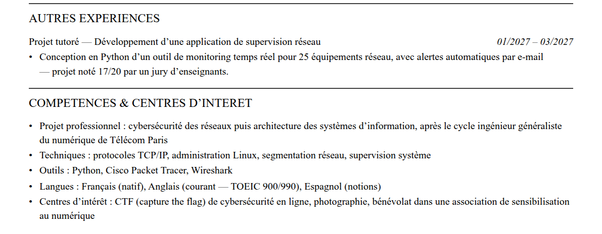 CV admission parallèle télécom paris : compétences et centres d’intérêt