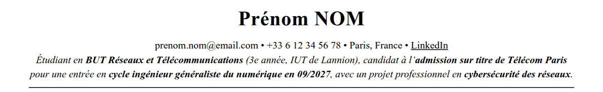 CV admission parallèle télécom paris : en-tête et accroche