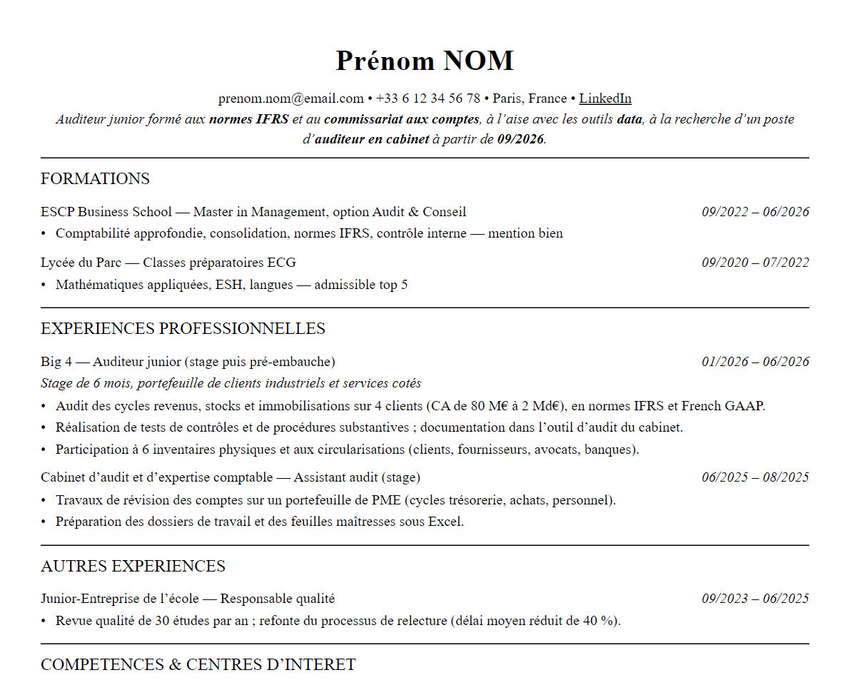 Aperçu : Exemple de CV Audit (Big 4)