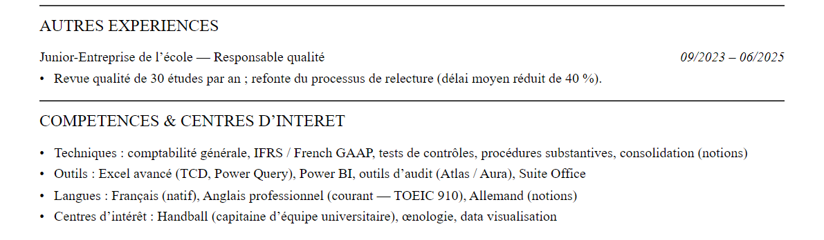 CV Audit (Big 4) : compétences et centres d’intérêt