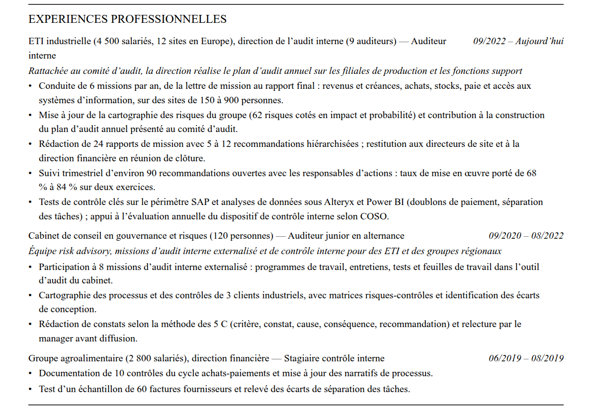 CV auditeur interne : expériences