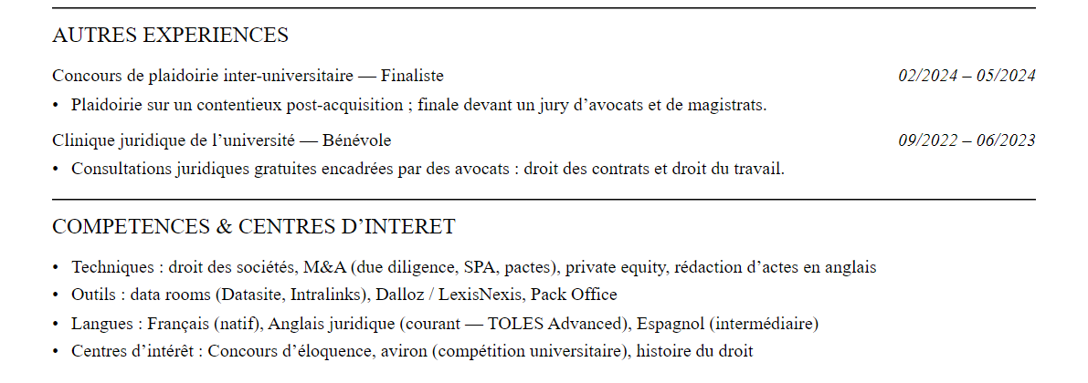 CV Avocat d'affaires : compétences et centres d’intérêt
