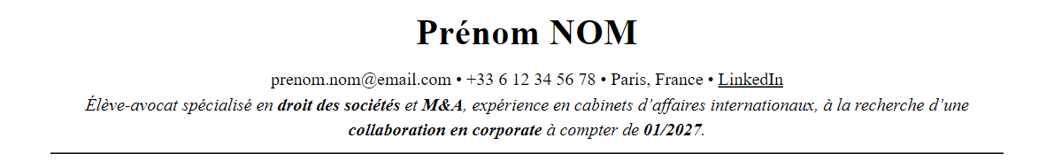 CV Avocat d'affaires : en-tête et accroche