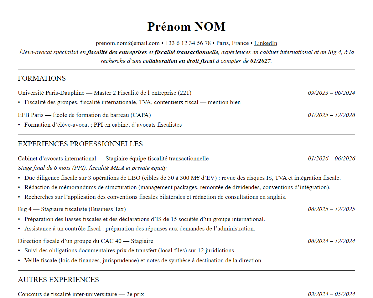 Aperçu : Exemple de CV Avocat fiscaliste