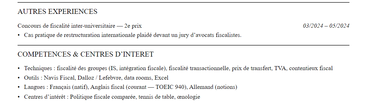CV Avocat fiscaliste : compétences et centres d’intérêt