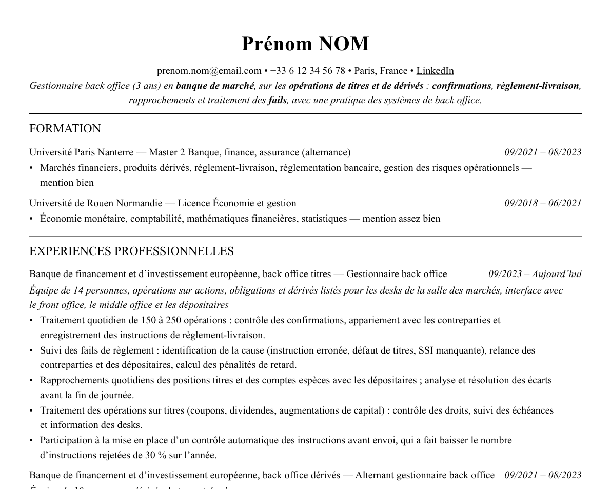 Aperçu : Exemple de CV Gestionnaire back office