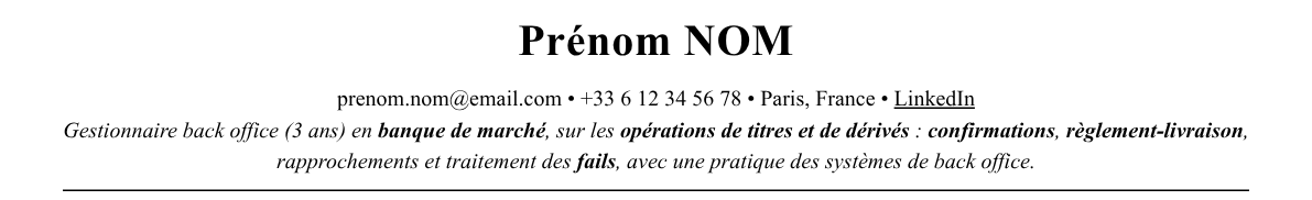 CV gestionnaire back office : en-tête et accroche