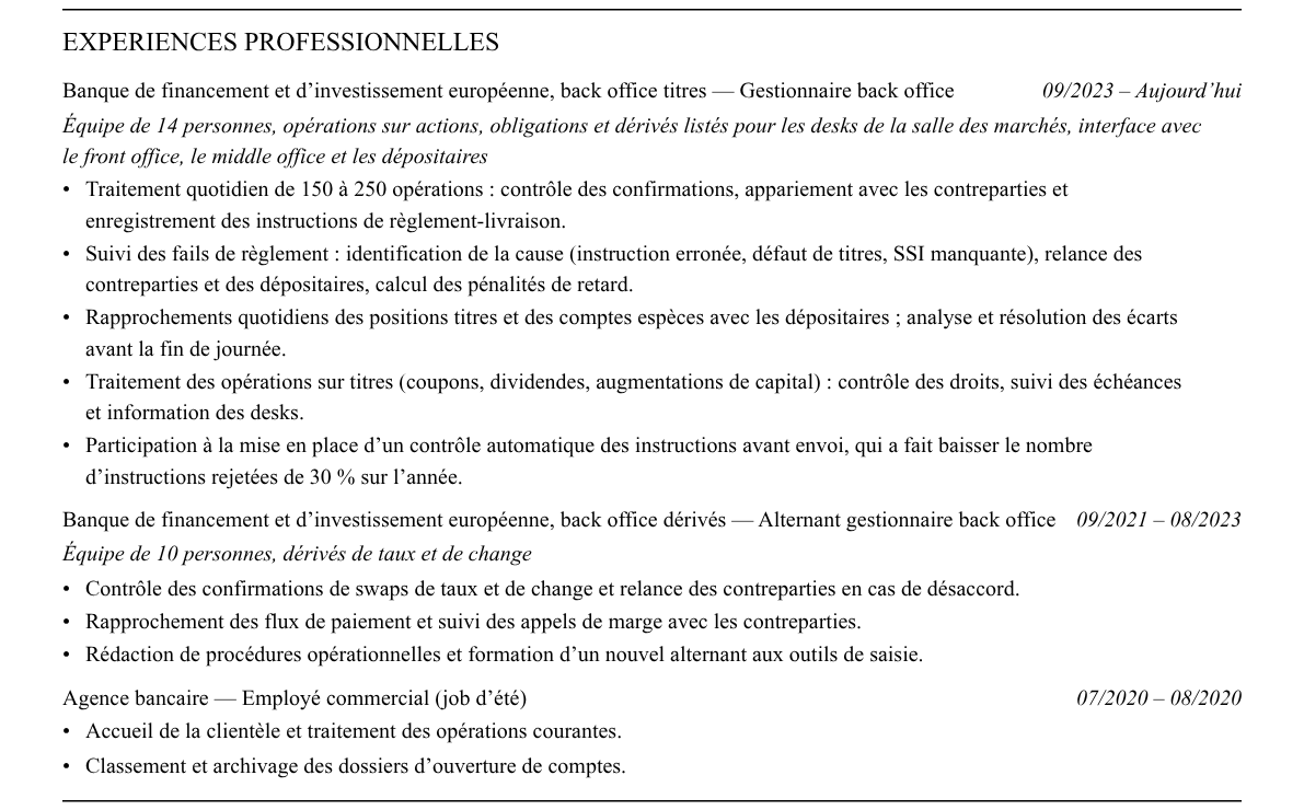 CV gestionnaire back office : expériences