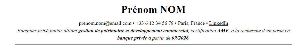 CV Banque privée : en-tête et accroche