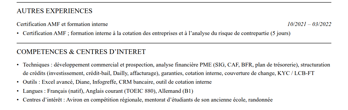 CV chargé d’affaires entreprises : compétences et centres d’intérêt