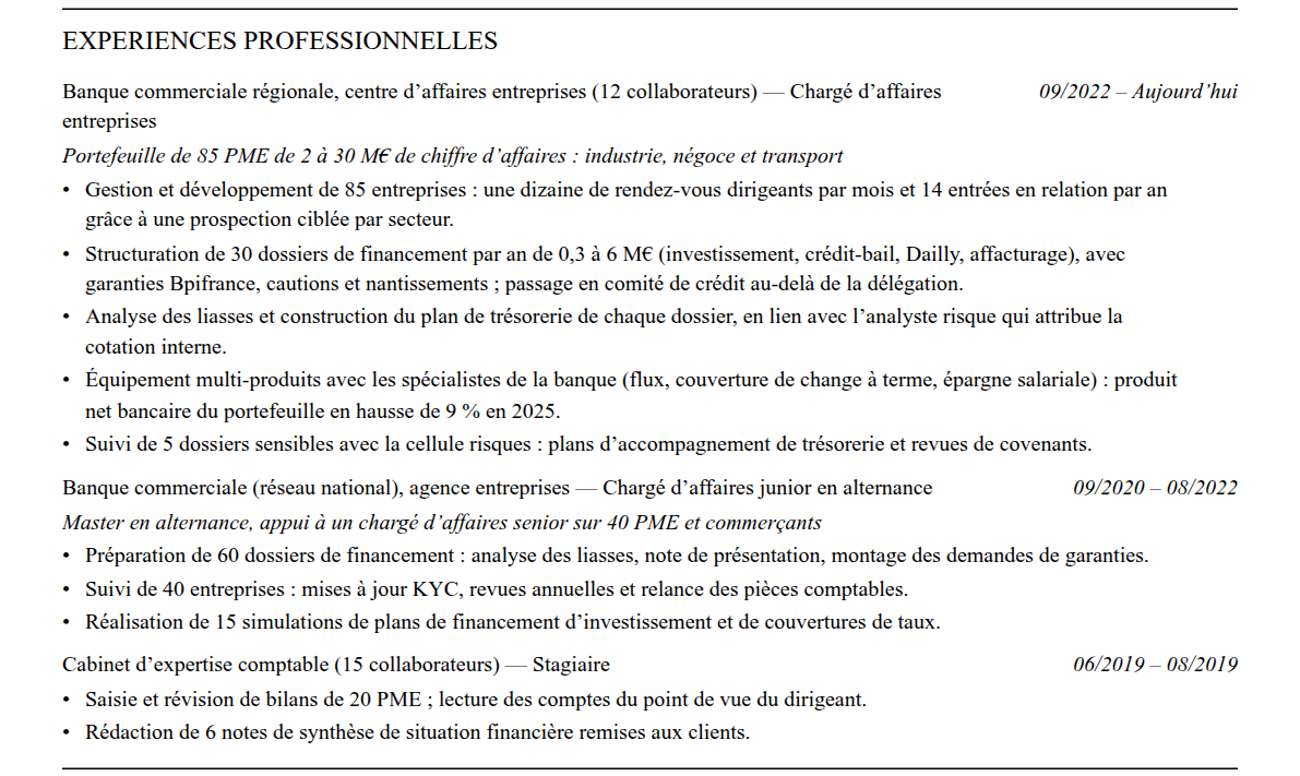 CV chargé d’affaires entreprises : expériences