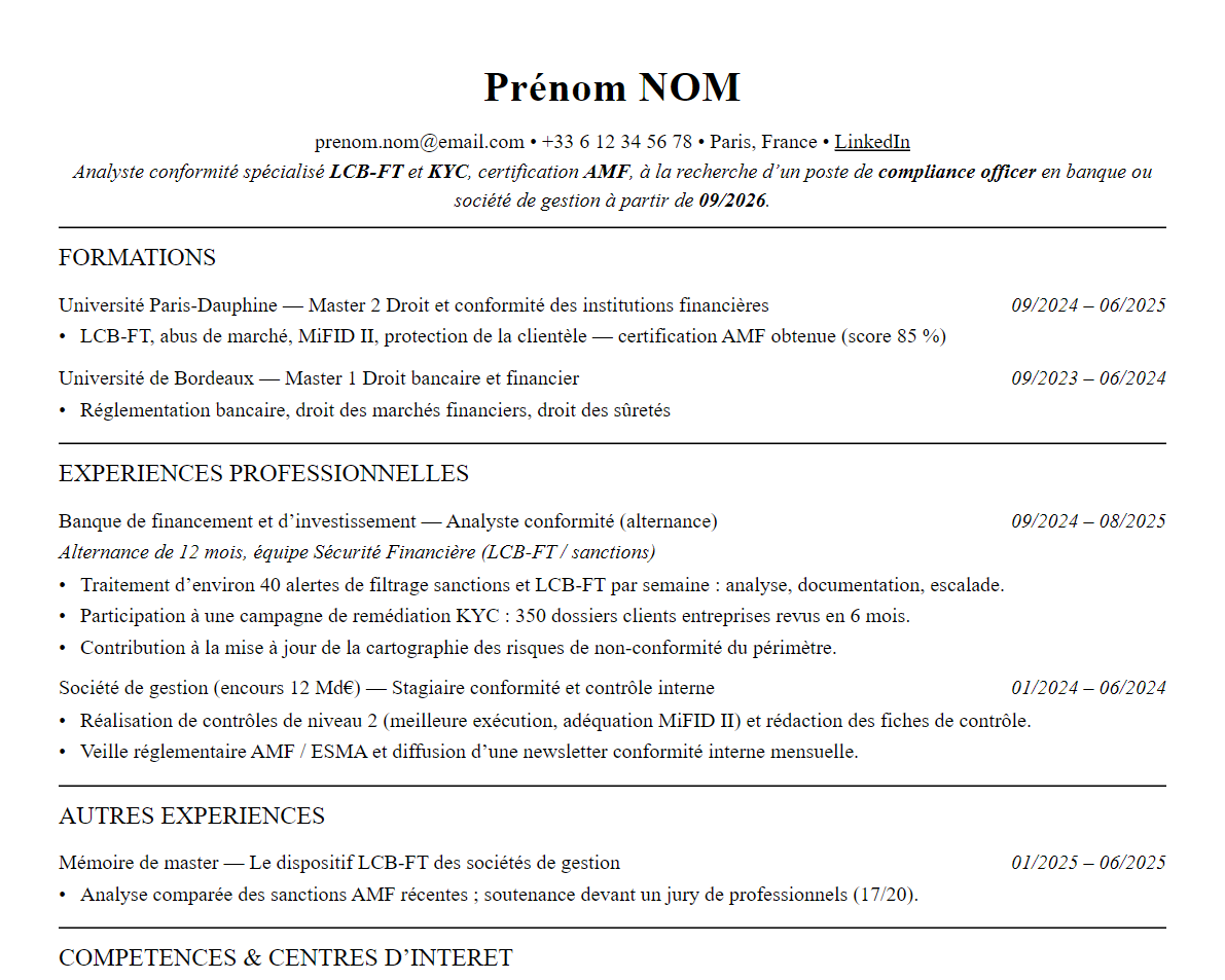 Aperçu : Exemple de CV Compliance Officer