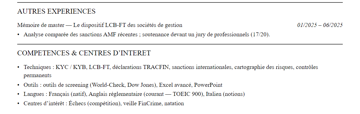 CV Compliance Officer : compétences et centres d’intérêt