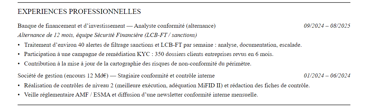 CV Compliance Officer : expériences