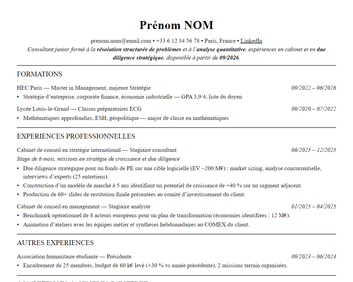 Aperçu : Exemple de CV Conseil en stratégie