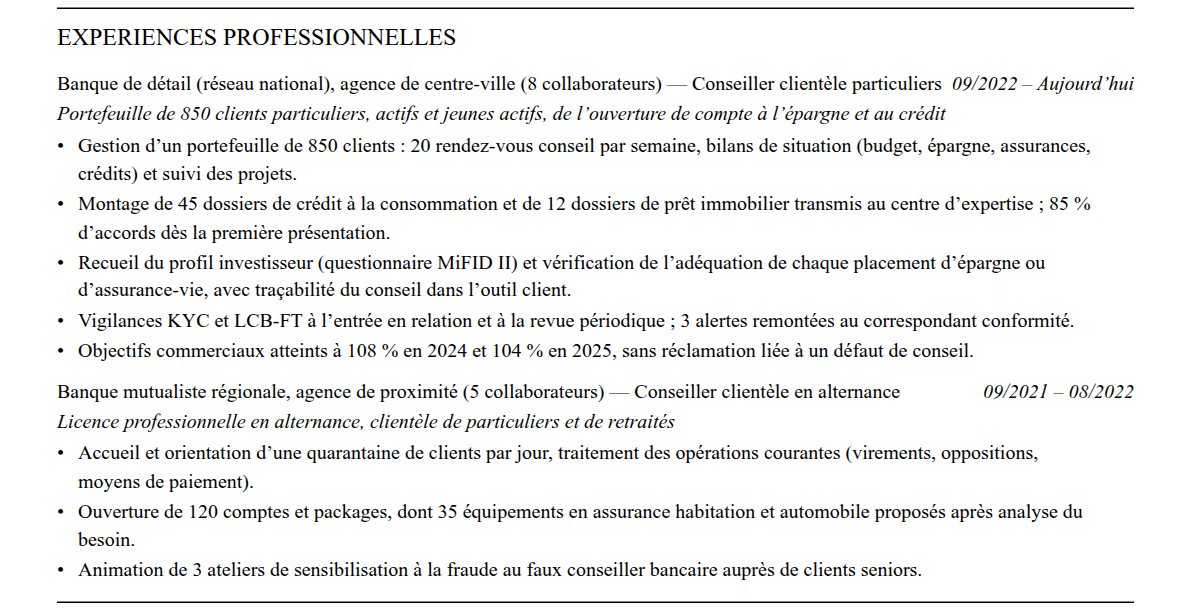 CV conseiller clientèle bancaire : expériences