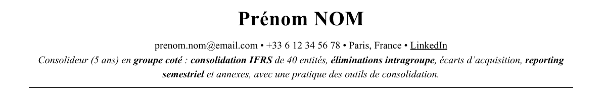 CV consolideur : en-tête et accroche