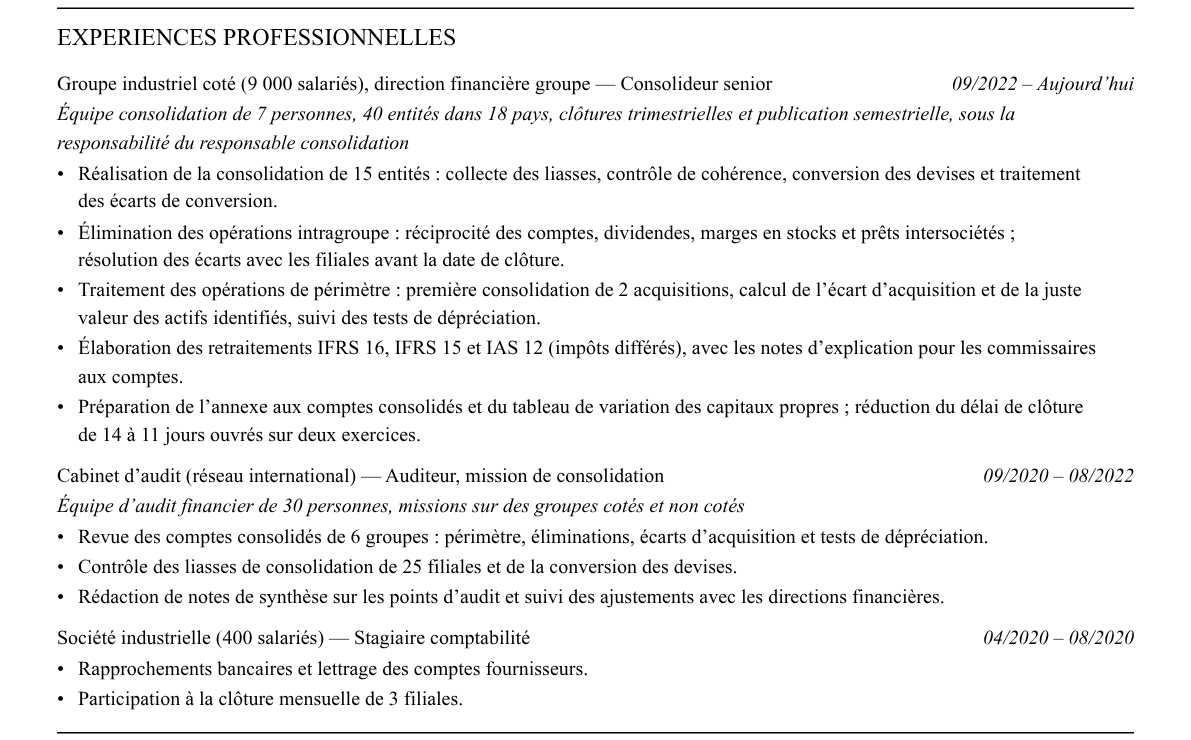 CV consolideur : expériences