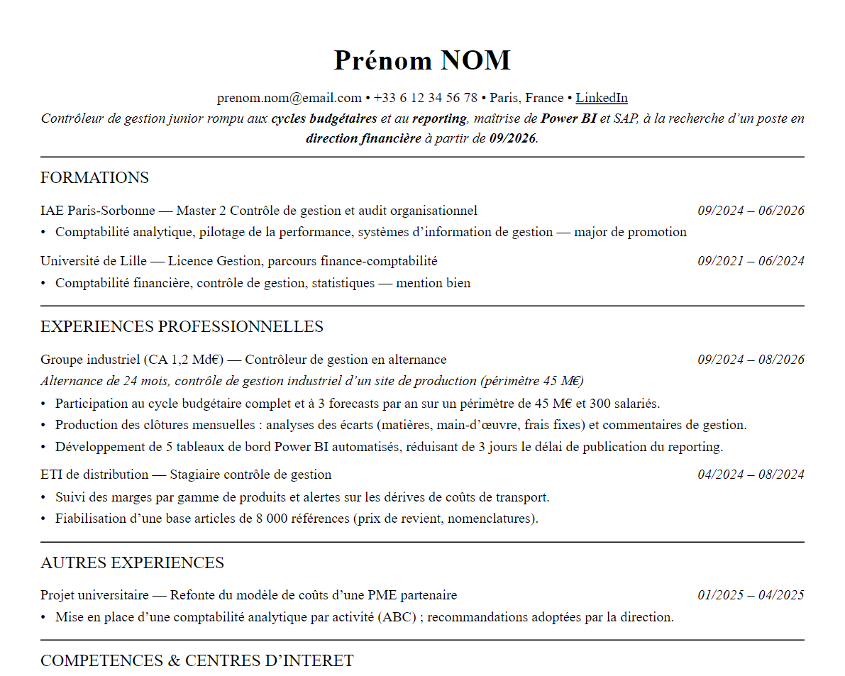 Aperçu : Exemple de CV Contrôle de gestion
