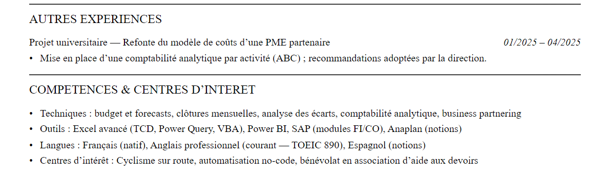 CV Contrôle de gestion : compétences et centres d’intérêt