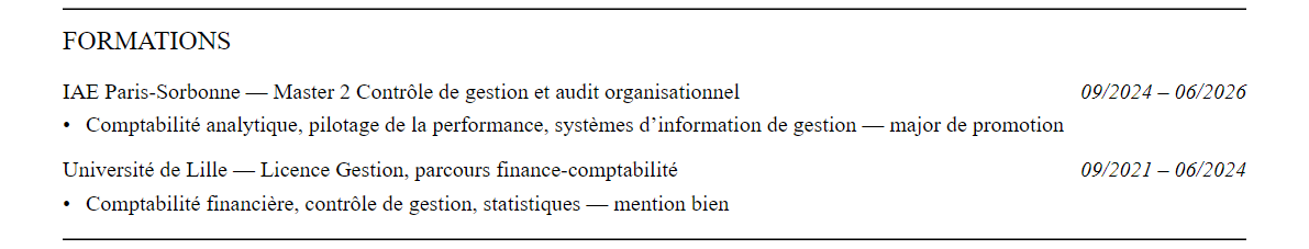 CV Contrôle de gestion : formation