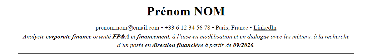 CV Corporate Finance : en-tête et accroche