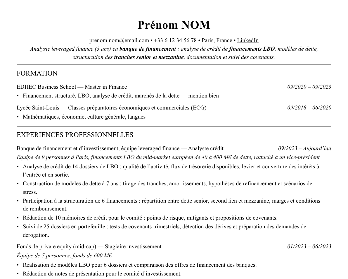 Aperçu : Exemple de CV Analyste leveraged finance