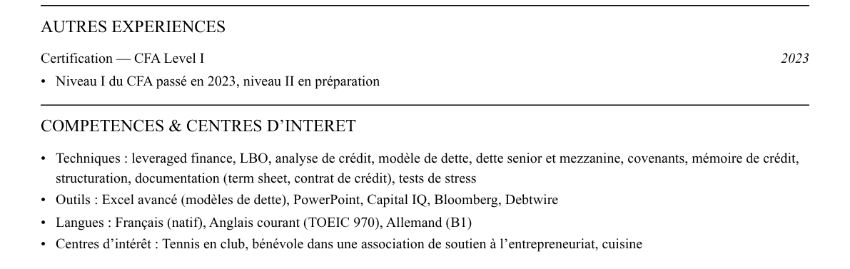 CV analyste leveraged finance : compétences et centres d’intérêt