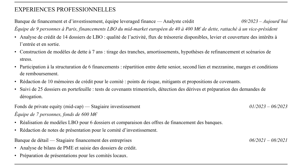 CV analyste leveraged finance : expériences