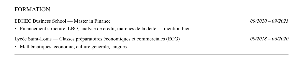 CV analyste leveraged finance : formation