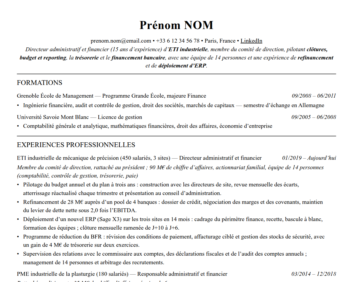 Aperçu : Exemple de CV Directeur administratif et financier