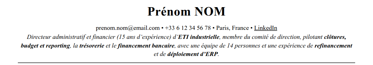 CV directeur administratif et financier : en-tête et accroche