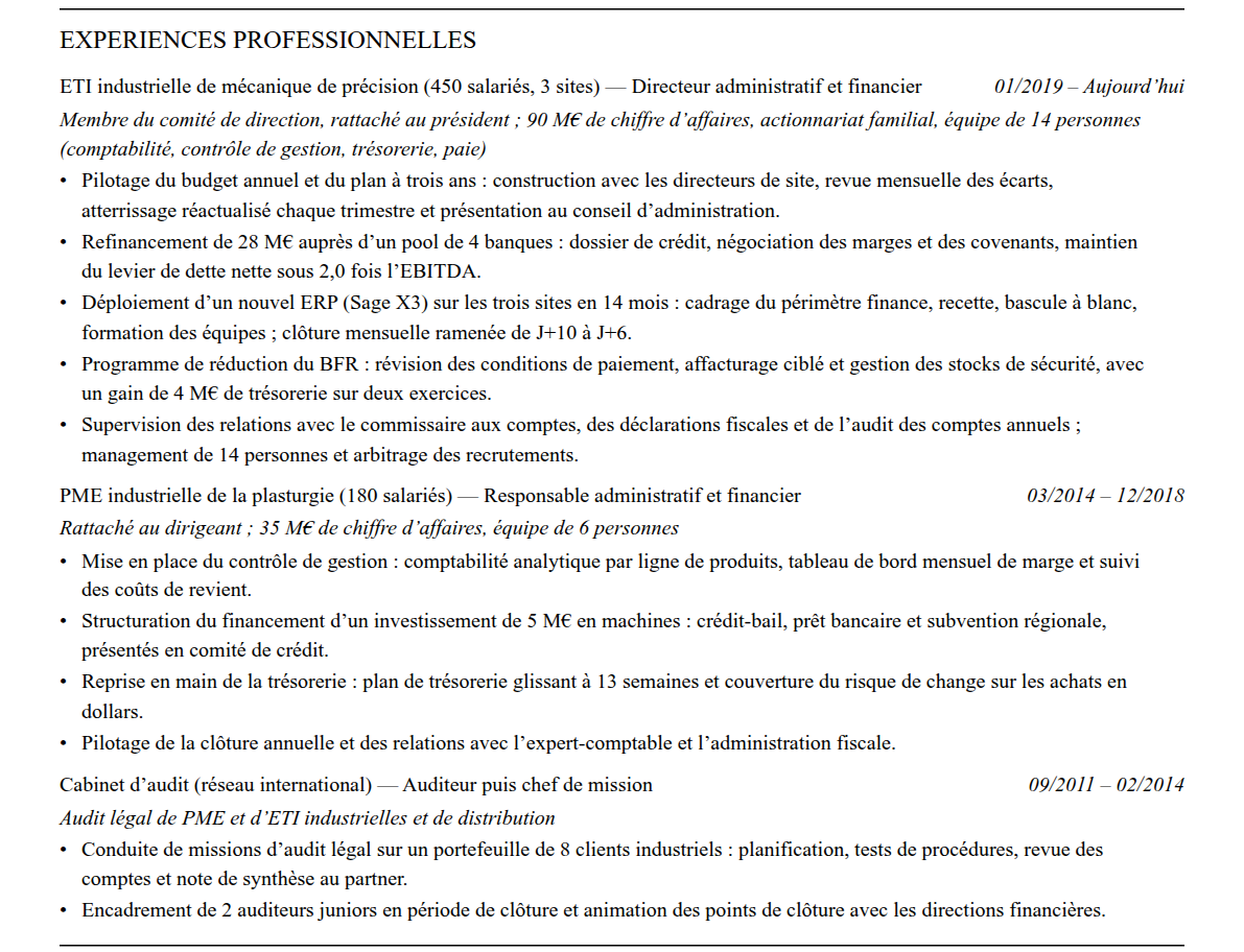 CV directeur administratif et financier : expériences