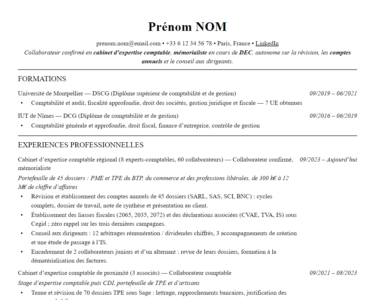 Aperçu : Exemple de CV Expertise comptable