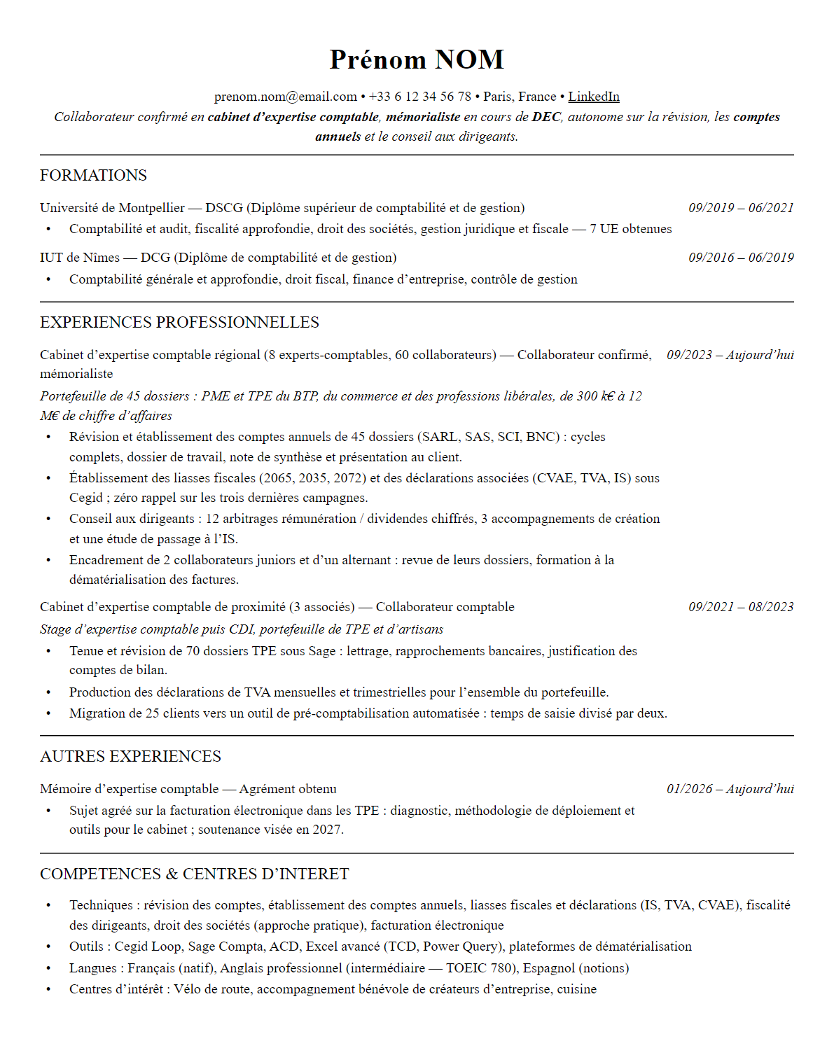 CV expertise comptable complet sur une page