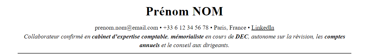CV expertise comptable : en-tête et accroche