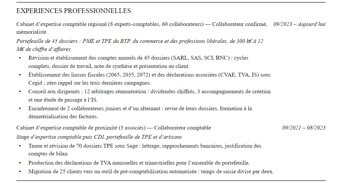 CV expertise comptable : expériences