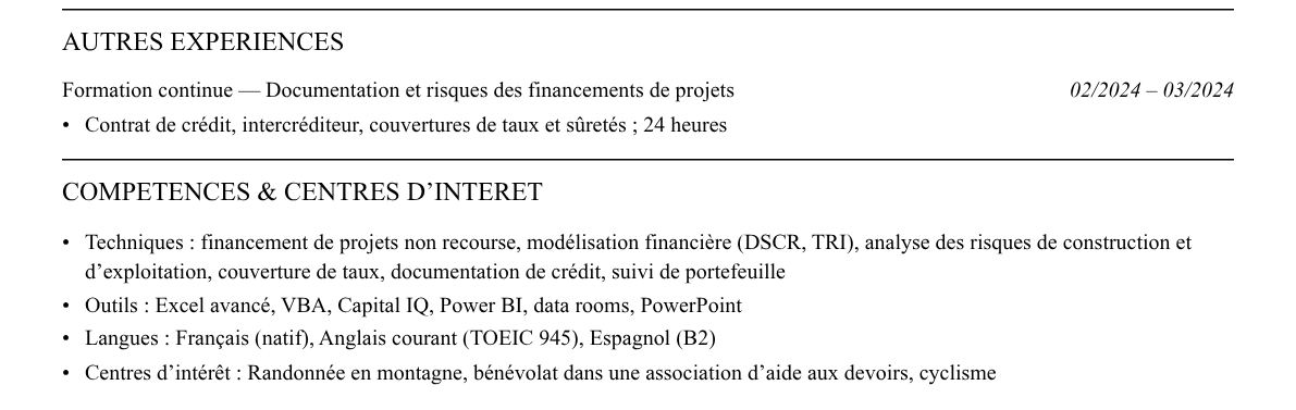 CV financement de projets : compétences et centres d’intérêt