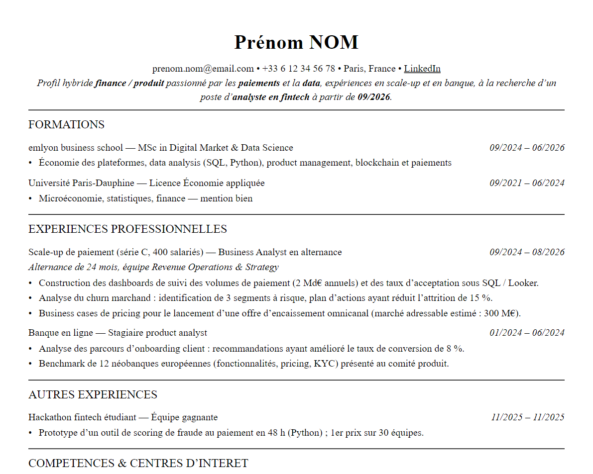 Aperçu : Exemple de CV Fintech