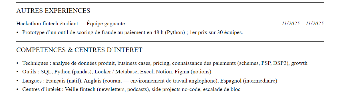 CV Fintech : compétences et centres d’intérêt