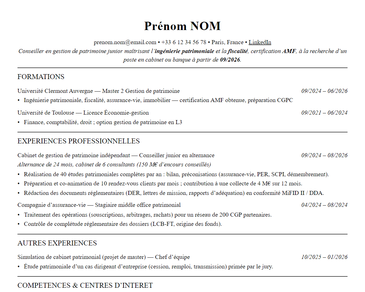 Aperçu : Exemple de CV Gestion de patrimoine