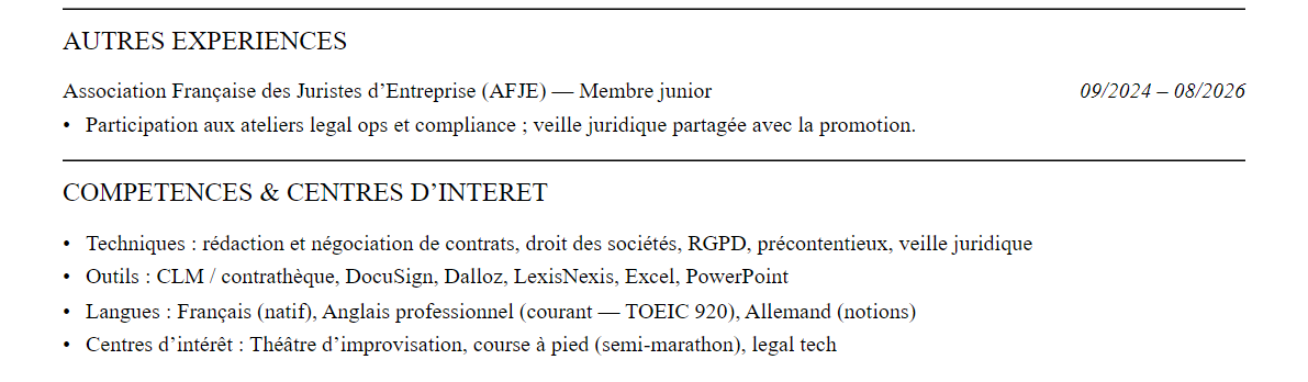 CV Juriste d'entreprise : compétences et centres d’intérêt